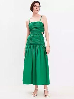 Loft Poplin Cutout Tie Back Ruched Midi Dress in Emerald Pine